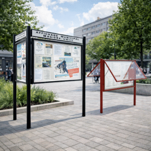 Vitrine affichage extérieure 2000 en aluminium avec porte battante ou levante, grande capacité de 9 à 30 A4, fixation murale ou sur poteaux