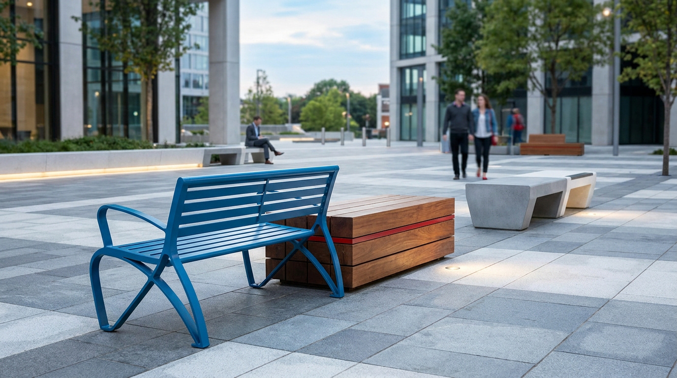 Divers bancs publics modernes (métal bleu, bois, béton) sur une place urbaine animée avec des bâtiments et des passants.
