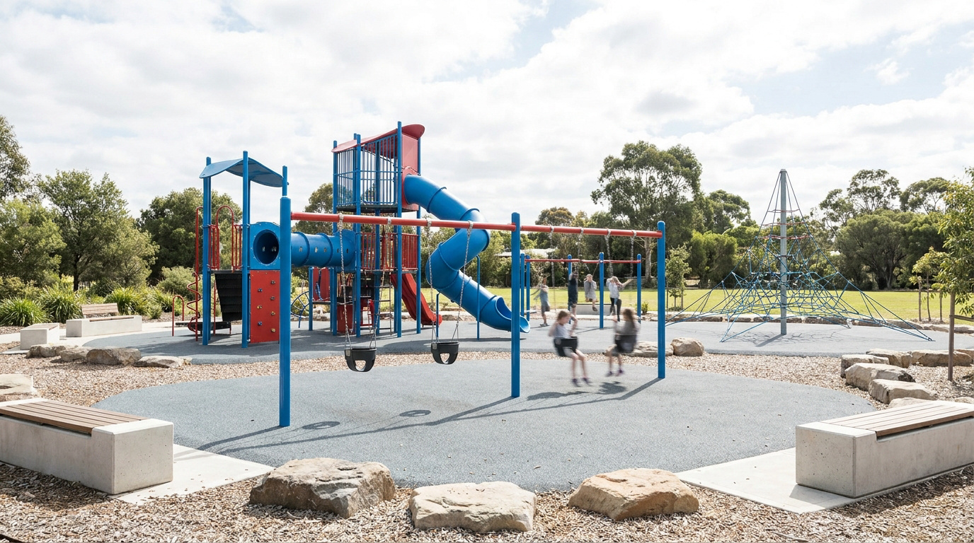 Grande aire de jeux extérieure avec toboggans bleus, balançoires, structure d'escalade en filet et enfants jouant.