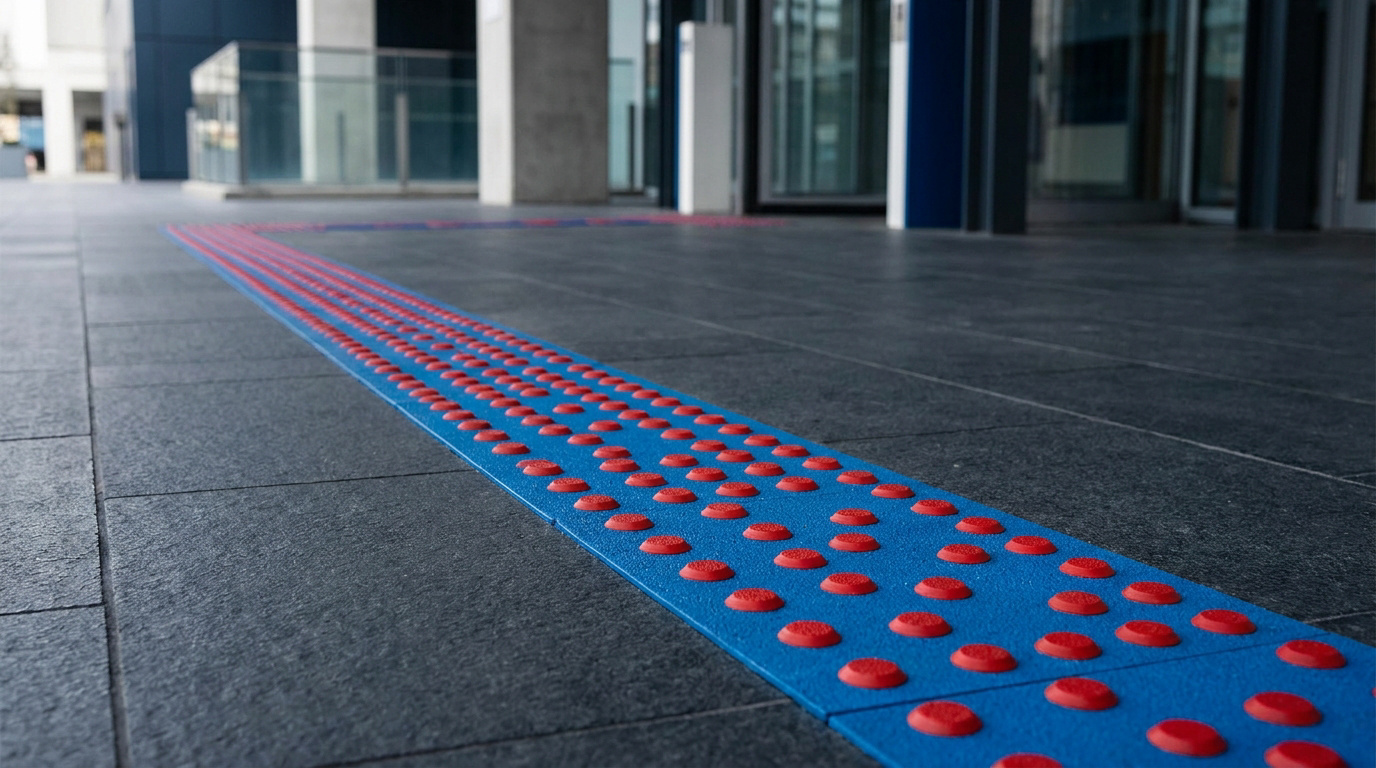 Une bande podotactile bleue avec des plots rouges guide les personnes malvoyantes sur un trottoir urbain moderne.