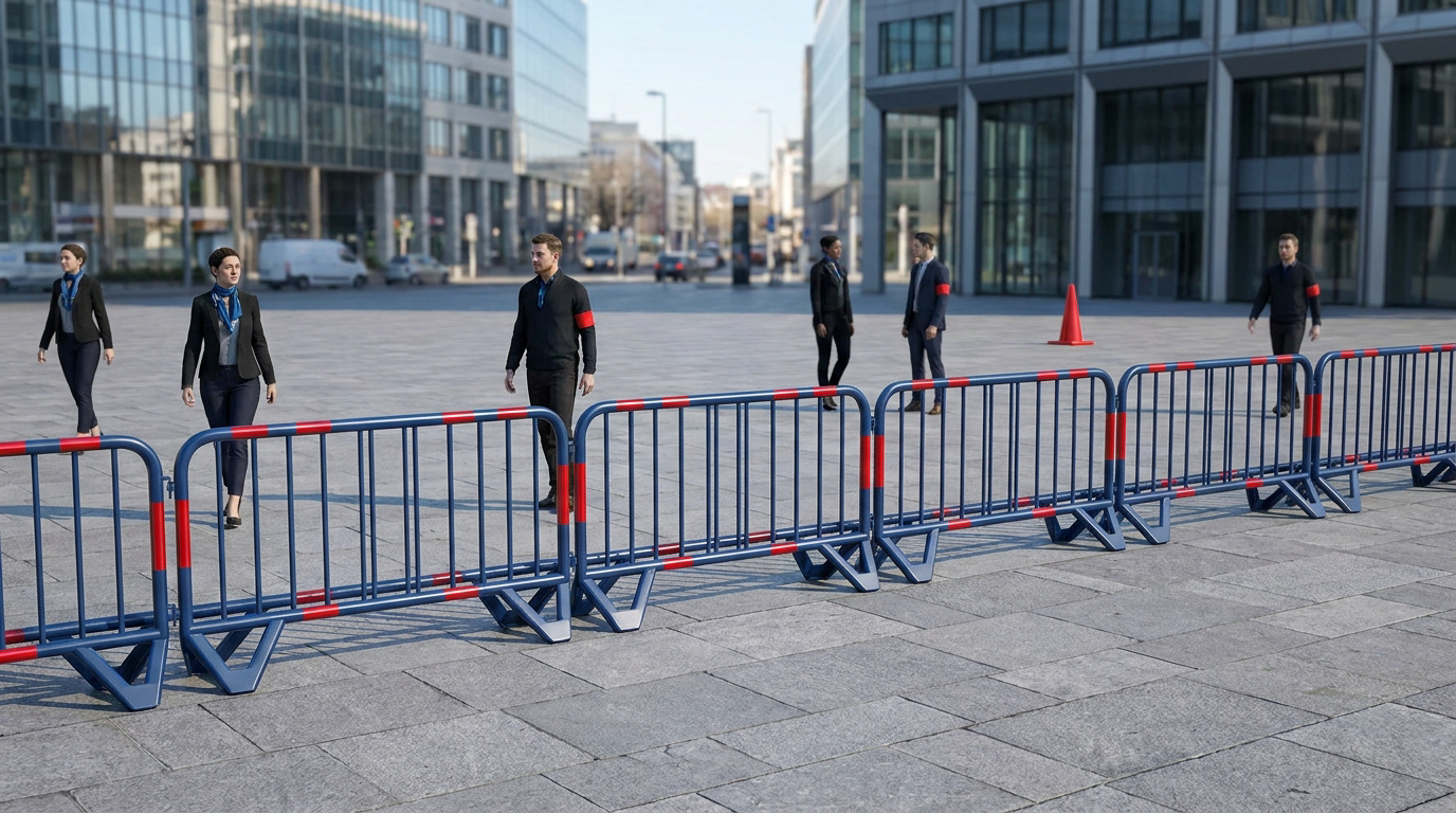 Plusieurs barrières Vauban bleues avec des bandes rouges alignées sur une place urbaine. Des agents de sécurité sont visibles.