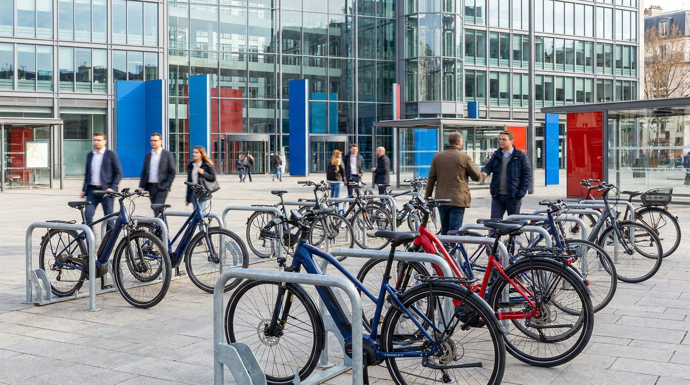 Nombreux vélos variés garés sur des arceaux métalliques devant des bâtiments de bureaux modernes. Des passants sont visibles.
