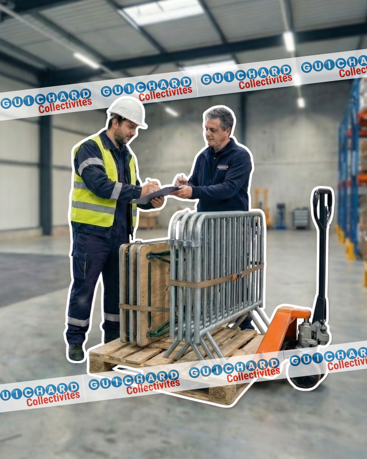 Livraison de matériel pour mairies dans un entrepôt avec un technicien et Guichard Collectivités