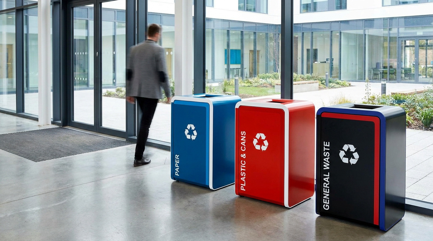 Trois poubelles de tri (papier, plastique, déchets généraux) dans un hall vitré avec un homme flou.