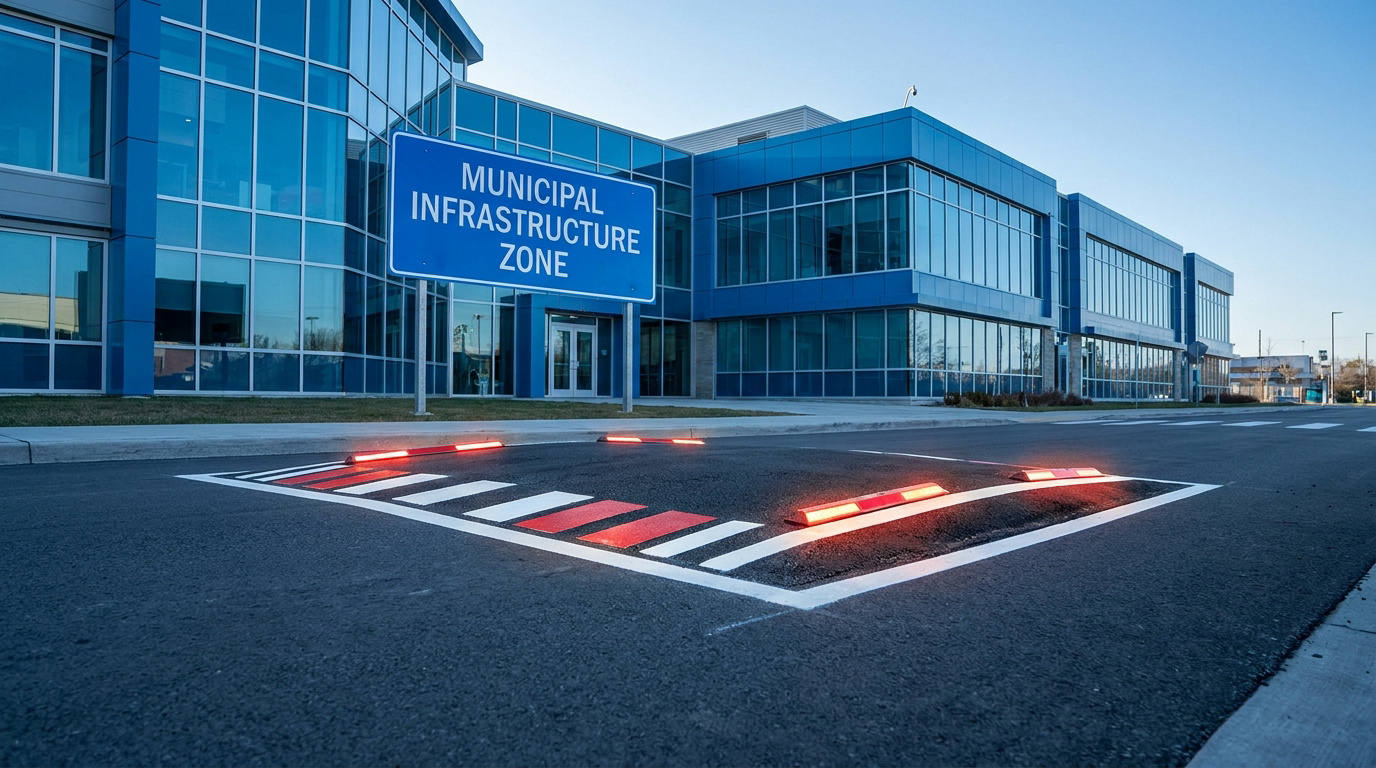Ralentisseur de chaussée illuminé en rouge et blanc devant un bâtiment moderne vitré, avec un panneau "MUNICIPAL INFRASTRUCTURE ZONE".