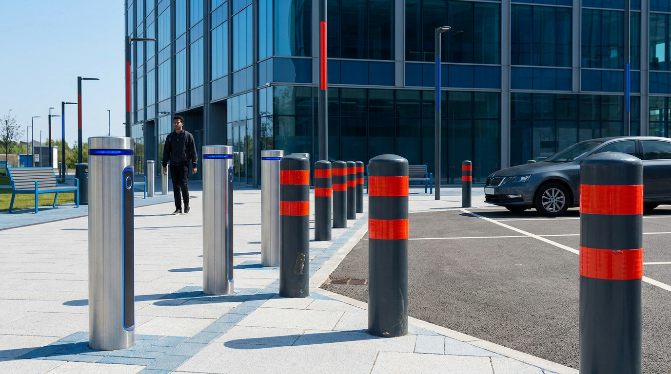 Un homme marche près de potelets en acier éclairés en bleu, tandis que des potelets gris à bandes oranges séparent un parking avec une voiture.