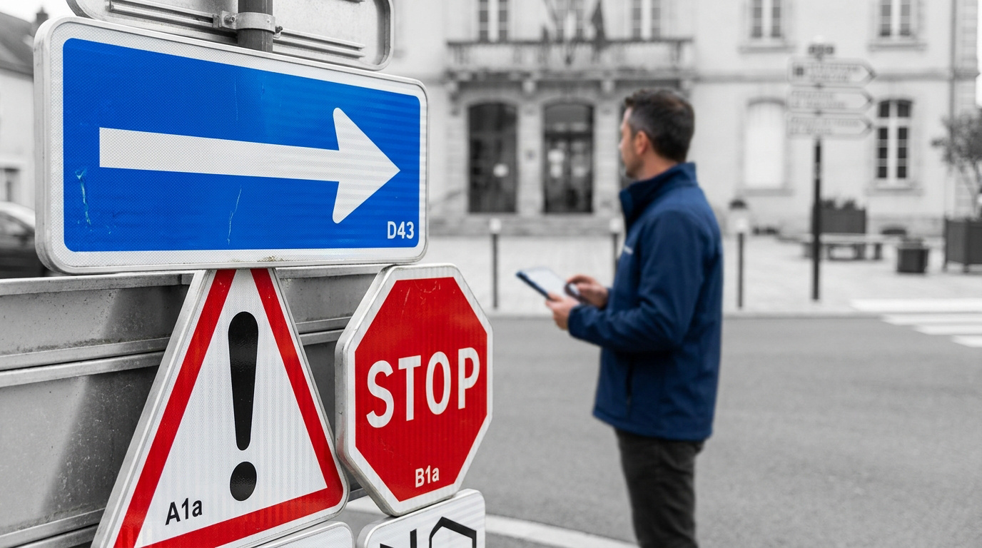 Trois panneaux de signalisation (direction, danger, stop) au premier plan. Un homme en bleu tient une tablette, inspectant la voirie en arrière-plan.