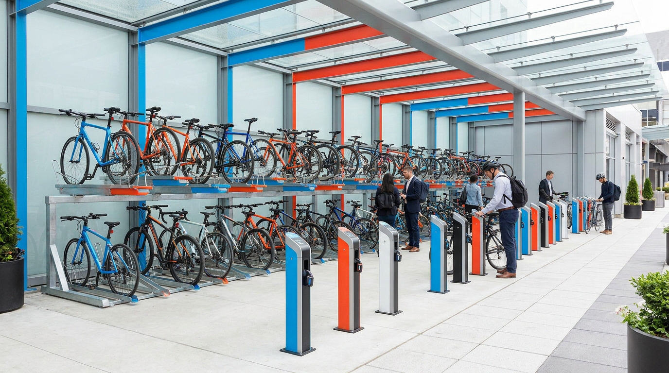Grand parking à vélos couvert avec des racks à deux niveaux. Plusieurs personnes interagissent avec leurs vélos et des bornes de stationnement.
