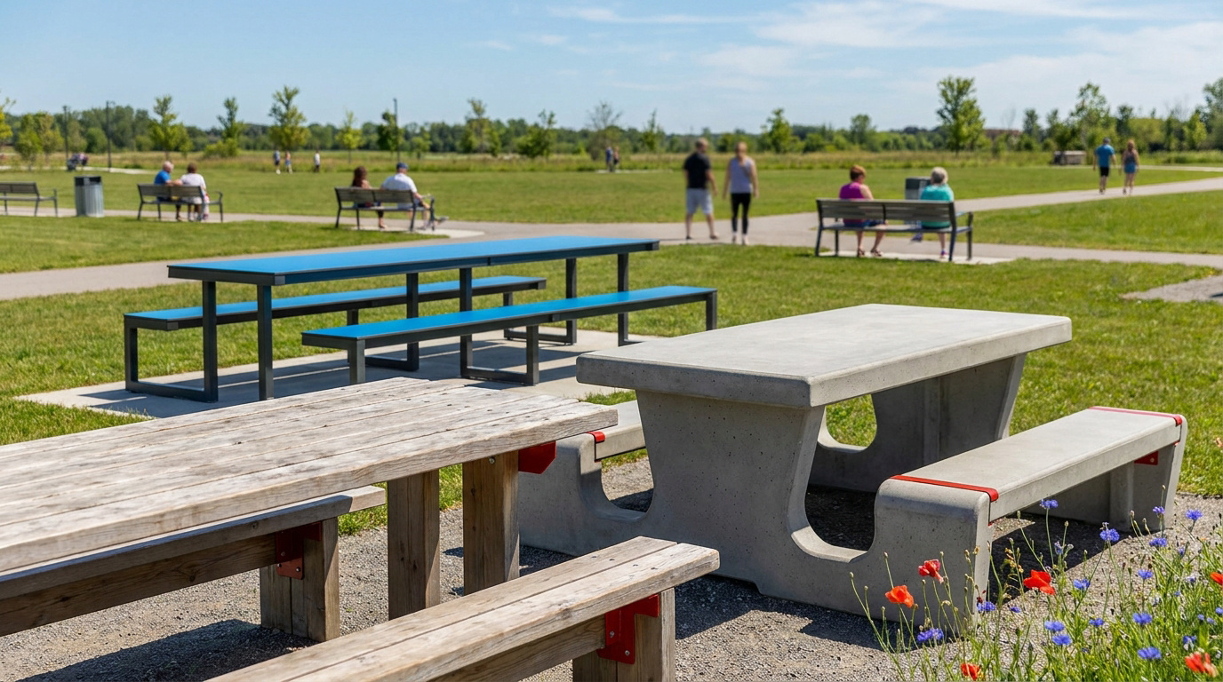 Trois tables de pique-nique de styles variés (bois rustique, béton moderne, métal bleu) dans un parc verdoyant ensoleillé avec sentiers et promeneurs.