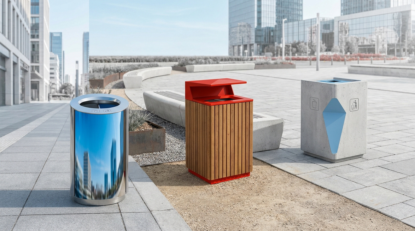 Trois modèles de poubelles urbaines : une métallique réfléchissante, une en bois et rouge, et une en béton avec insert bleu.