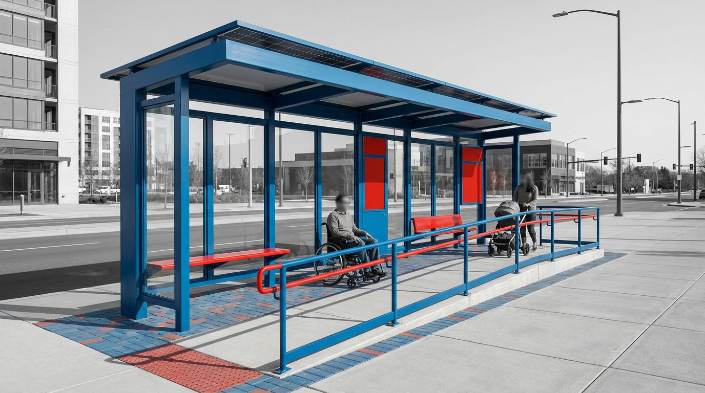Un abribus moderne et accessible avec une rampe, une personne en fauteuil roulant et une femme avec une poussette.