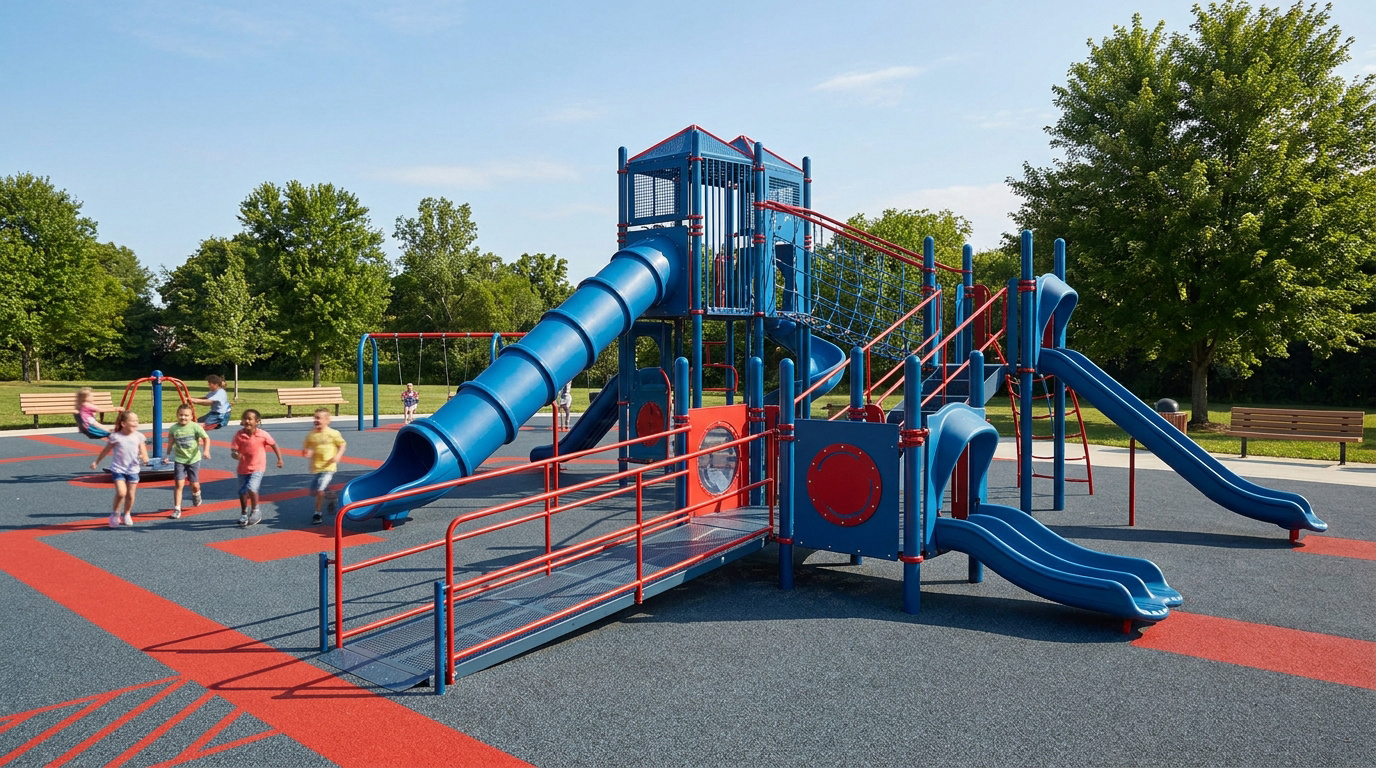 Enfants jouant sur une grande structure modulaire bleue et rouge dans un parc public aux normes de sécurité.