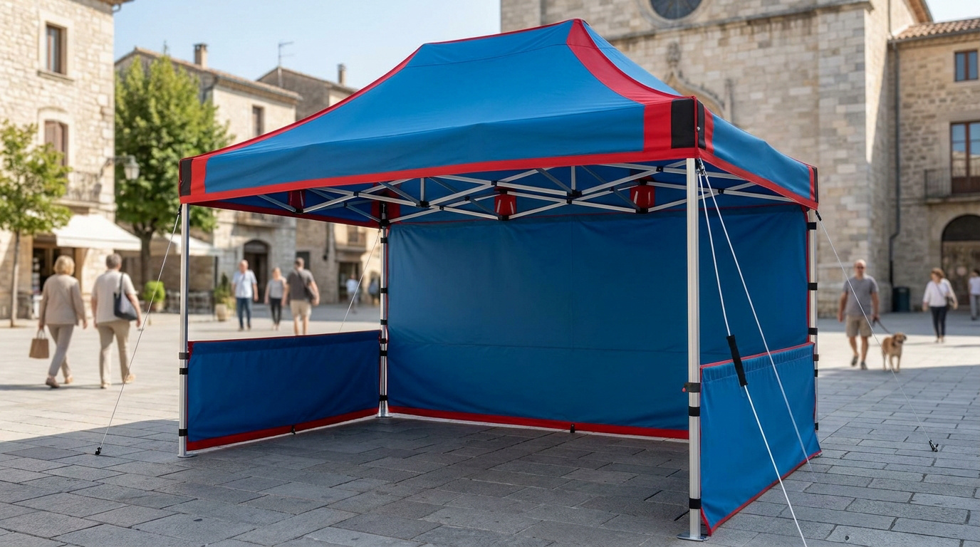 Tente barnum pliante bleue et rouge installée sur une place pavée.