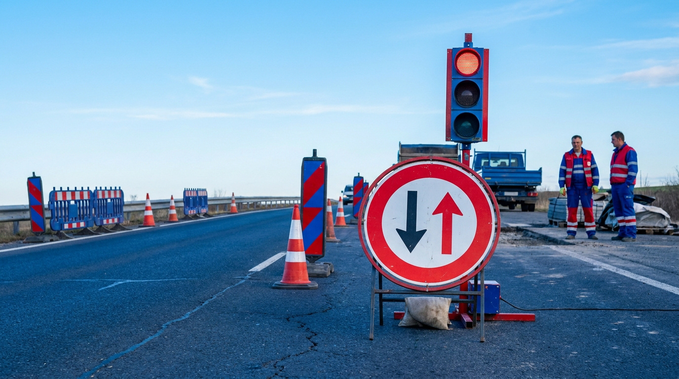 Panneau de circulation alternée et feu rouge sur un chantier routier avec deux ouvriers en arrière-plan.