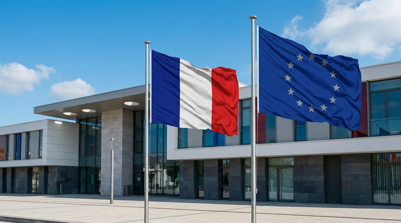 Drapeaux français et européen flottant au vent devant la façade moderne d'une mairie par une journée ensoleillée.