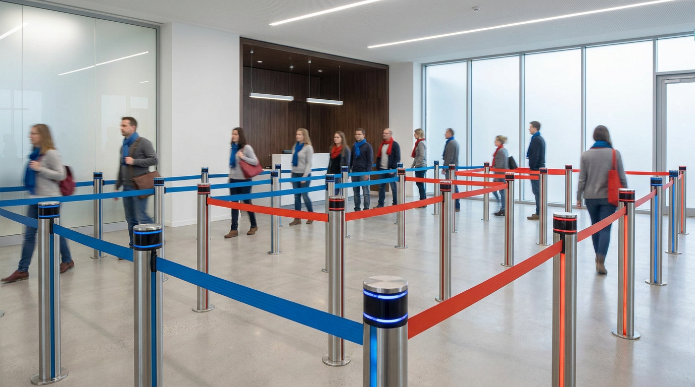 File d'attente organisée par des poteaux de guidage en acier inoxydable avec des sangles et LED lumineuses.