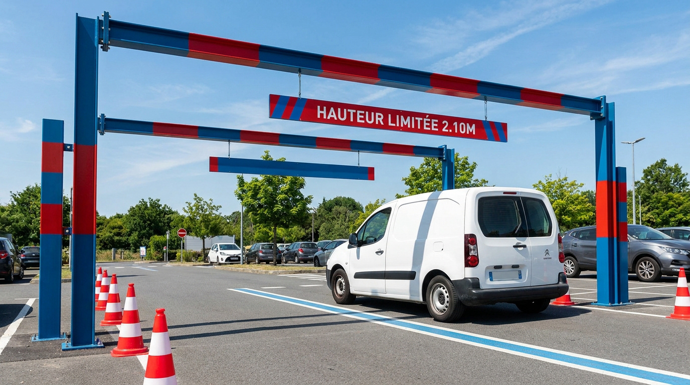 Portique de sécurité bleu et rouge signalant une hauteur limitée à 2,10 mètres à l'entrée d'un parking avec un utilitaire.