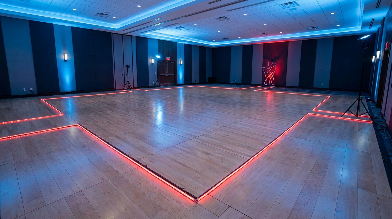 Piste de danse en bois clair entourée d'une bordure lumineuse LED rouge dans une salle de réception moderne.