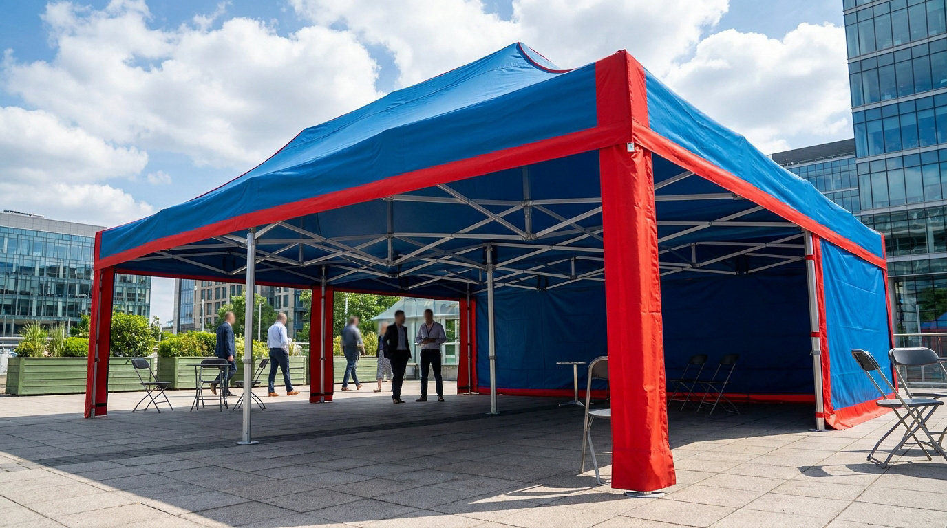 Barnum pliant professionnel bleu et rouge installé sur une terrasse urbaine avec des personnes en arrière-plan.