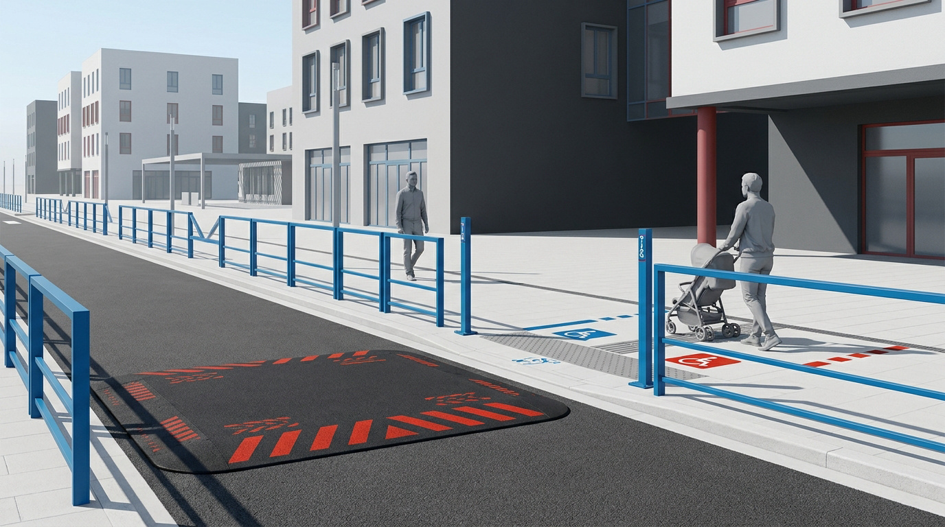 Rendu 3D d'une rue urbaine avec barrières de protection, ralentisseur rouge et accès PMR signalisé sur le trottoir.