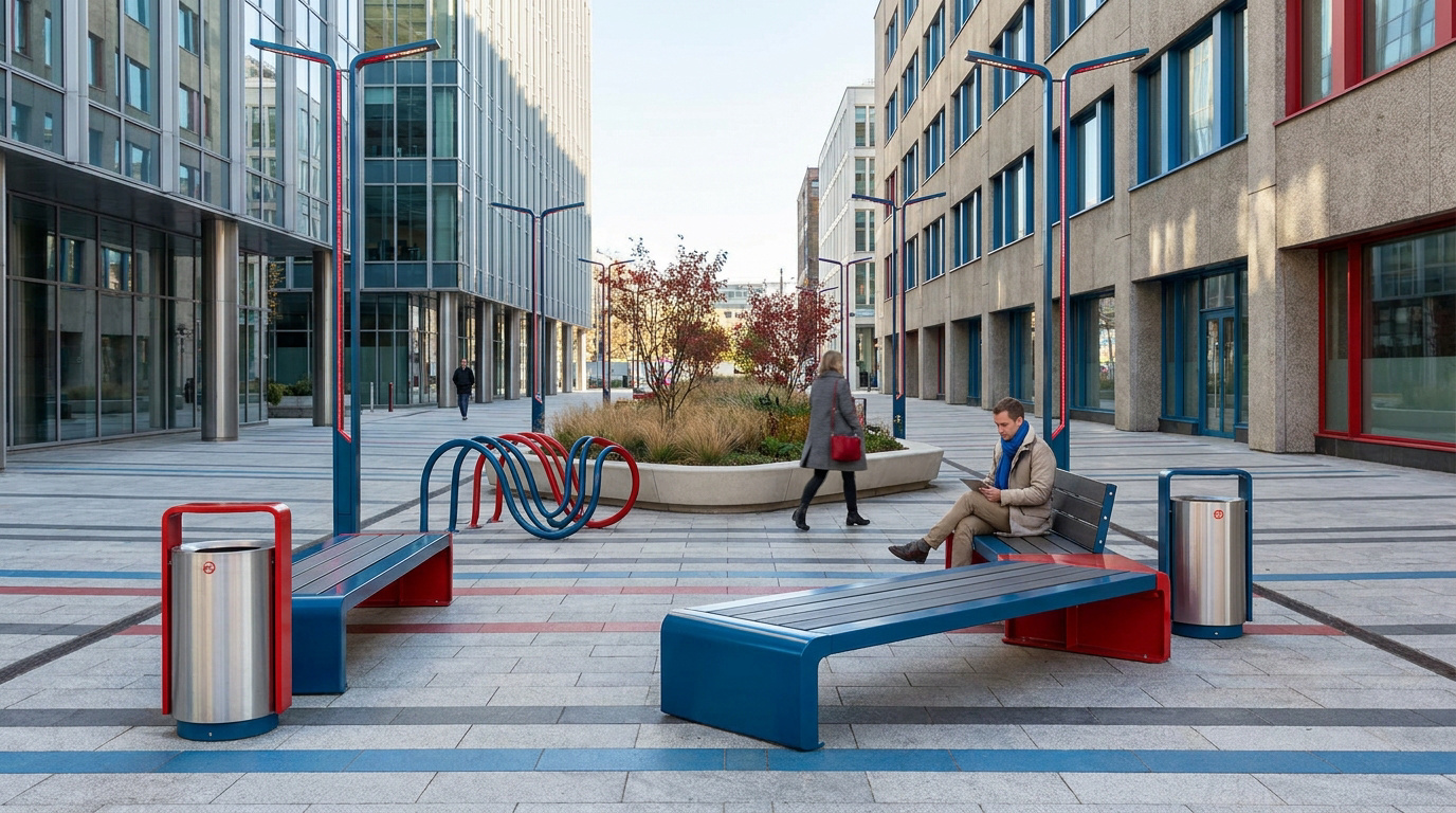 Espace public avec bancs bleus et rouges, poubelles et candélabres design entre des immeubles modernes.