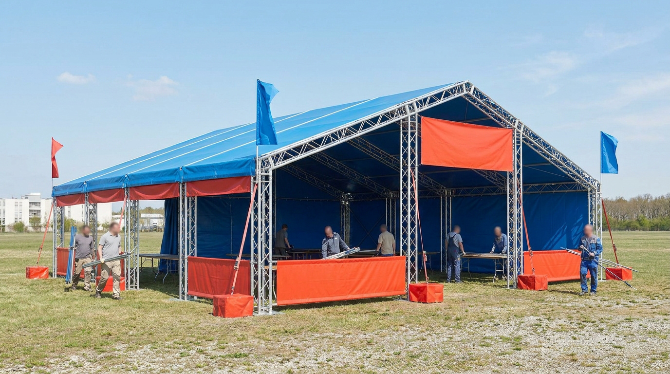 Une équipe monte une grande tente barnum bleue et rouge avec une structure en aluminium sur un terrain en herbe.