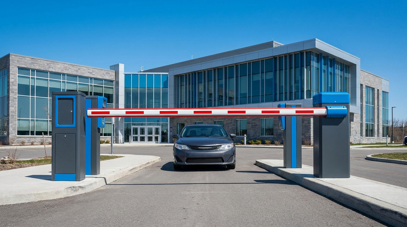 Barrière levante automatique barrant l'accès à un parking devant un bâtiment administratif moderne sous un ciel bleu.