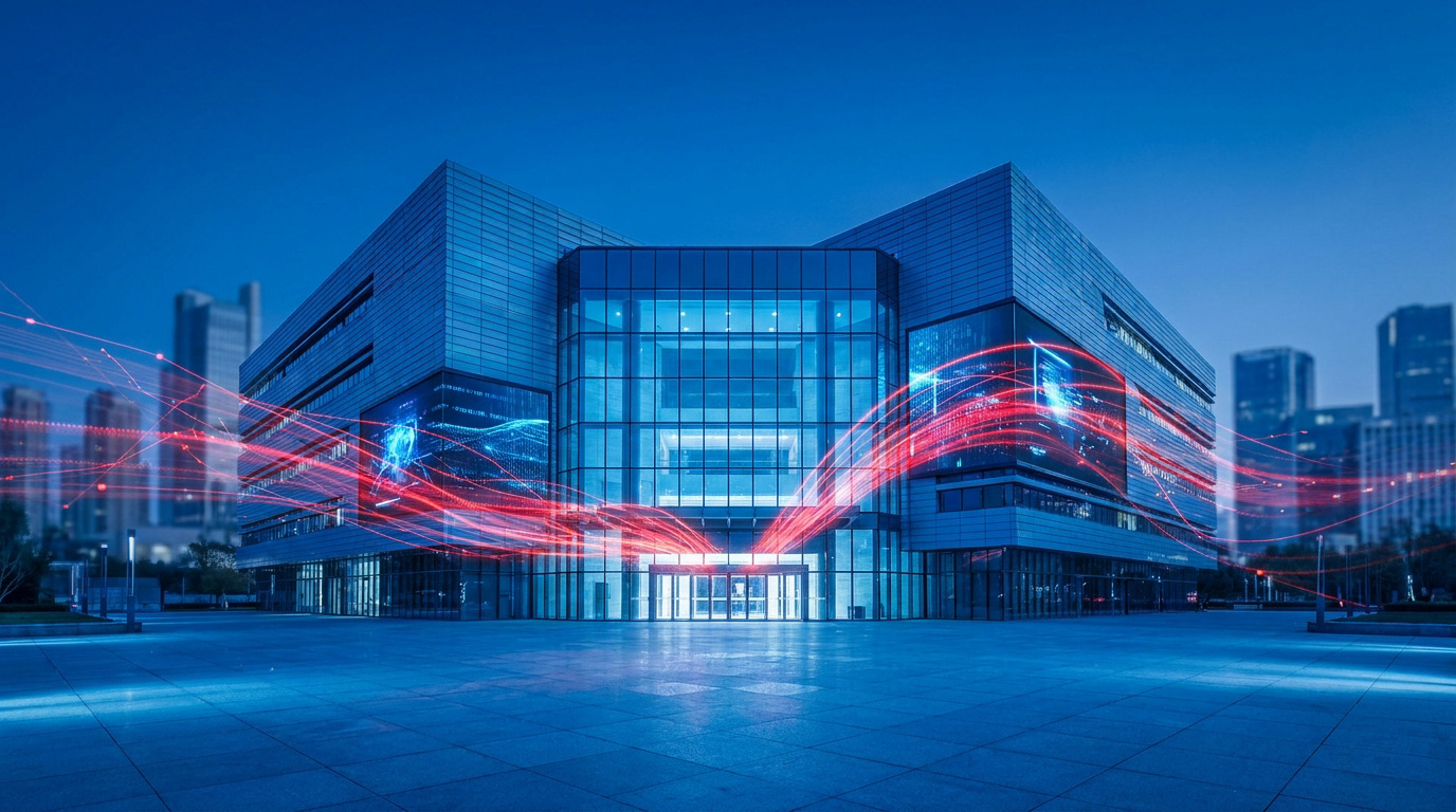 Bâtiment administratif moderne avec des flux de données lumineux symbolisant la transition numérique des mairies.