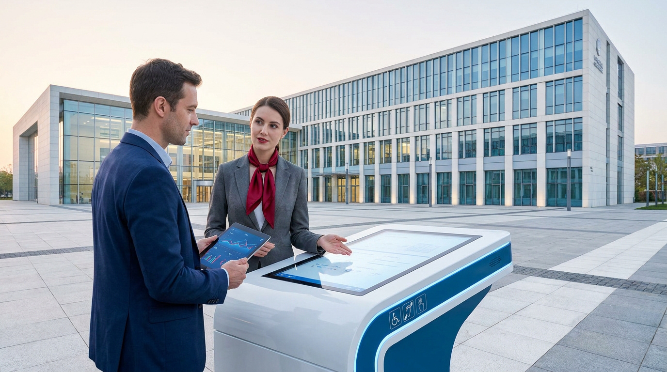 Un homme et une femme en tenue professionnelle présentent une borne interactive devant un bâtiment administratif moderne.