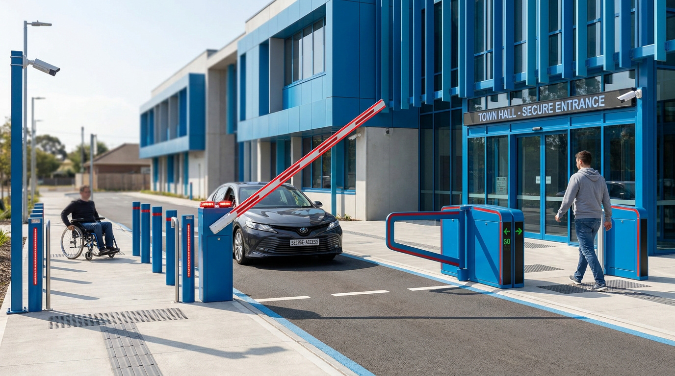 Barrière levante automatique et portillon piéton sécurisant l'entrée d'une mairie moderne avec accès PMR.