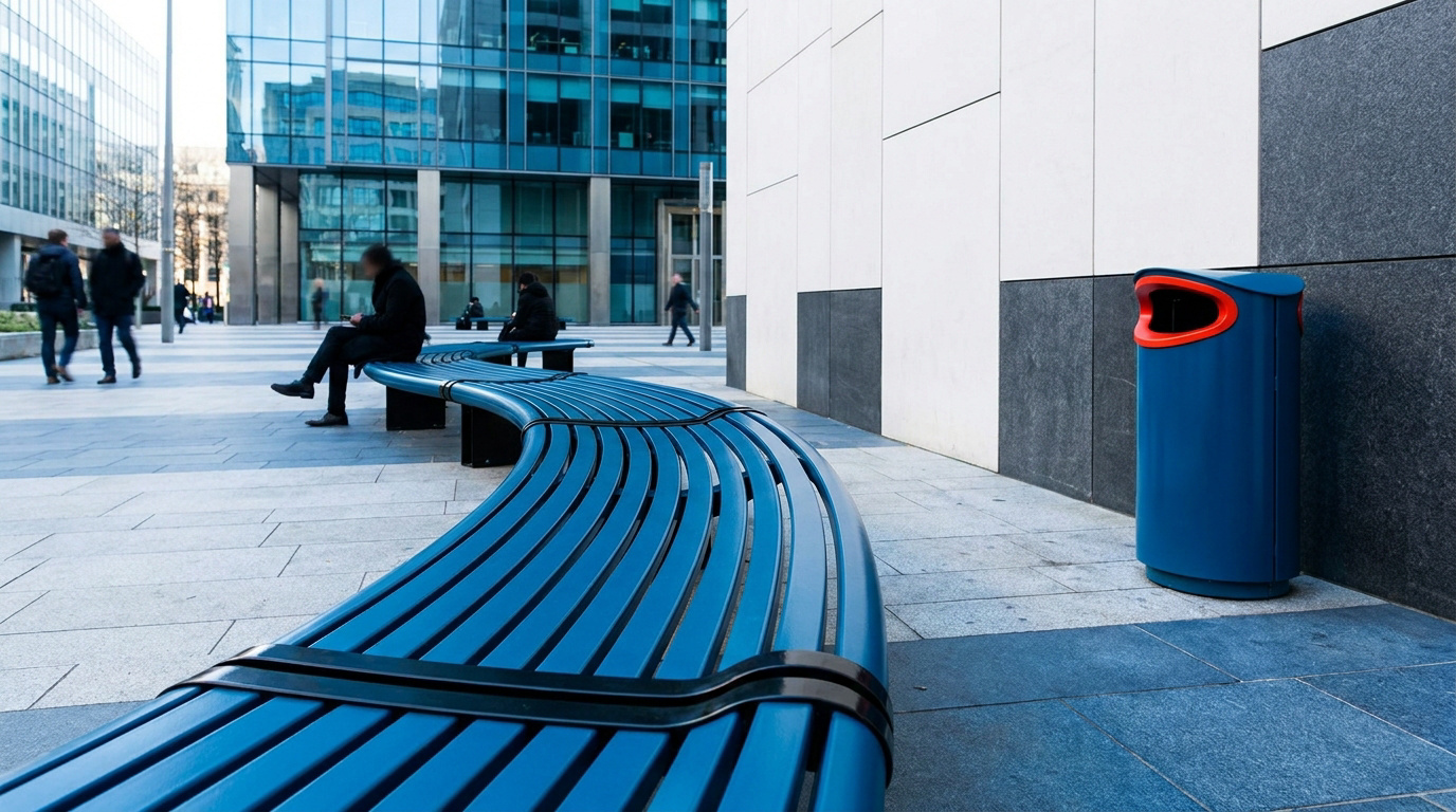 Banc public incurvé bleu et poubelle assortie dans un centre d'affaires urbain.