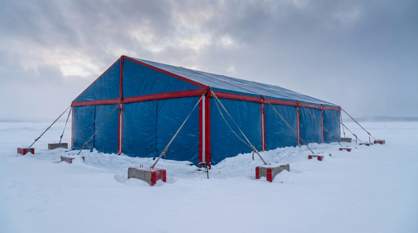 Un barnum bleu et rouge fixé au sol par des blocs de béton dans un paysage enneigé sous un ciel gris.