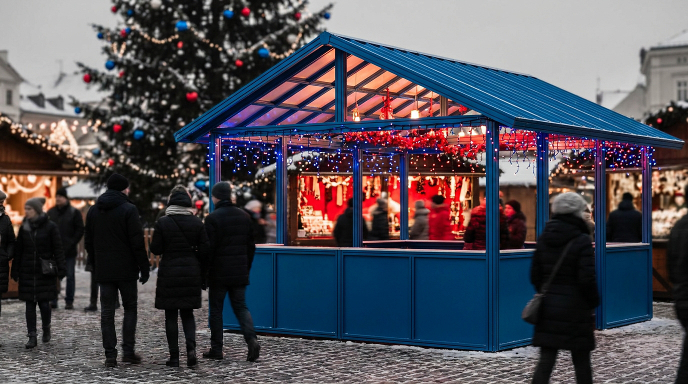 Un barnum bleu moderne sur un marché de Noël animé, entouré de passants et d'un grand sapin illuminé.