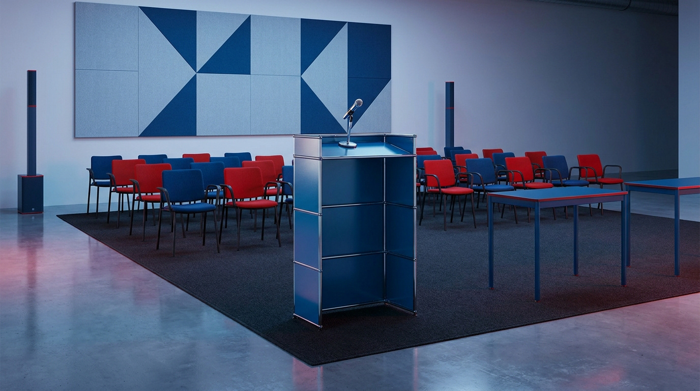 Pupitre de conférence bleu avec micro face à des rangées de chaises rouges et bleues dans une salle moderne.