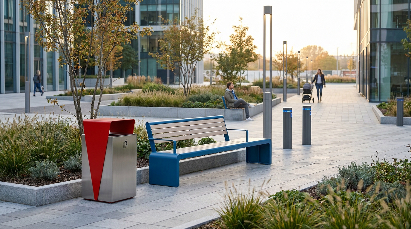 Mobilier urbain contemporain avec un banc bleu et une corbeille rouge dans un espace public arboré.